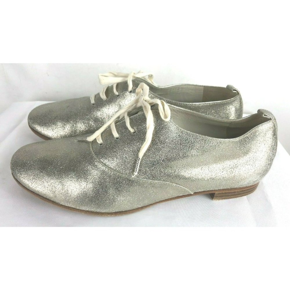 MARC JACOBS Silver Metallic Leather Lace Up Oxfords Loafers Mary Jane Sz 38.5